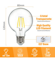 Lampadina Led filamento G80 globo 8W attacco E27 880 lumen 2700K luce calda D80H120mm CRI 80+ equivale a 64W incandescenza Lampadina Led filamento G80 globo 8W attacco E27 880 lumen 2700K luce calda D80H120mm CRI 80+ equivale a 64W incandescenza