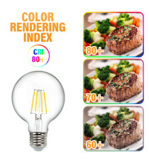 Lampadina Led filamento G80 globo 8W attacco E27 880 lumen 2700K luce calda D80H120mm CRI 80+ equivale a 64W incandescenza Lampadina Led filamento G80 globo 8W attacco E27 880 lumen 2700K luce calda D80H120mm CRI 80+ equivale a 64W incandescenza