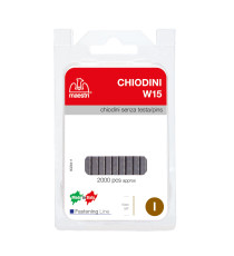 Chiodini W15 per fissatrici - senza testa - 15 mm - acciaio - Romeo Maestri - conf. 2000 pezzi Chiodini W15 per fissatrici - senza testa - 15 mm - acciaio - Romeo Maestri - conf. 2000 pezzi