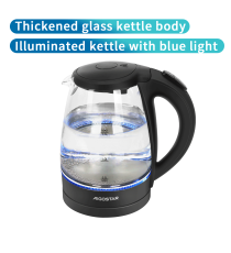 Bollitore elettrico in vetro nero capacità 1,7 litri 1850-2200W - spegnimento automatico a bollitura - Con luce blu integrata