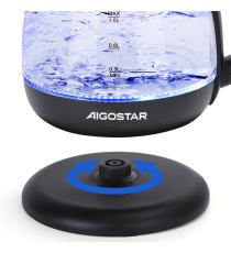 Bollitore elettrico in vetro nero capacità 1 litro 2200W - spegnimento automatico a bollitura,con luce blu integrata,AIGOSTAR Bollitore elettrico in vetro nero capacità 1 litro 2200W - spegnimento automatico a bollitura,con luce blu integrata,AIGOSTAR