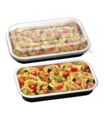 Contenitore alluminio stirato - c/coperchio R-PET - 4 porzioni - 26,5 x 16,2 x 3,7 cm - Cuki Professional - conf. 25 pez Contenitore alluminio stirato - c/coperchio R-PET - 4 porzioni - 26,5 x 16,2 x 3,7 cm - Cuki Professional - conf. 25 pez