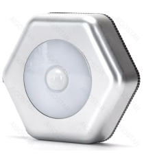 Luce notturna esagono con sensore di movimento 30 lumen, luce fredda 6500K, 0.44W, a batteria, Distanza di rilevamento 2-5mt Luce notturna esagono con sensore di movimento 30 lumen, luce fredda 6500K, 0.44W, a batteria, Distanza di rilevamento 2-5mt