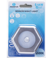 Luce notturna esagono con sensore di movimento 30 lumen, luce fredda 6500K, 0.44W, a batteria, Distanza di rilevamento 2-5mt Luce notturna esagono con sensore di movimento 30 lumen, luce fredda 6500K, 0.44W, a batteria, Distanza di rilevamento 2-5mt