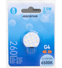 Lampadina Led G4 2.5W tondo 260 lumen luce fredda 6500K Dimensioni:D28xH34 mm Equivalenza incandescente:26W Angolo illum. 360 Lampadina Led G4 2.5W tondo 260 lumen luce fredda 6500K Dimensioni:D28xH34 mm Equivalenza incandescente:26W Angolo illum. 360
